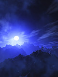 3D mountain landscape with moonlit sky
