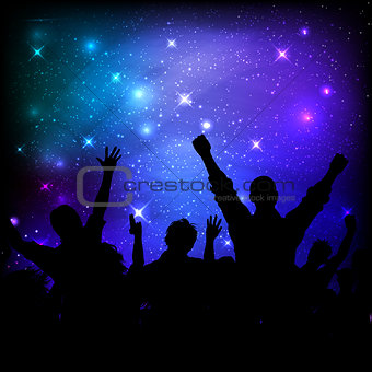 Audience on galaxy night sky background 
