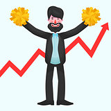 Bearded businessman is standing with yellow pompoms against the backdrop of growing graph