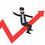 Bearded businessman sitting on a red graph growing upwards and shows thumb up