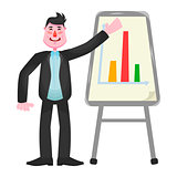 Happy businessman in a business suit stands near a white board with scattered charts and shows that they are growing