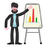 A bearded businessman in a suit stands near the board and shows that his stats on the chart are growing
