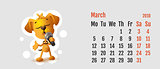 2018 year of yellow dog on Chinese calendar. Calendar grid month March. Yellow dog singing solo microphone