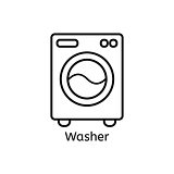 Washer simple line icon. Washing ma hine thin linear signs. Washing clothes simple concept for websites, infographic, mobile applications.