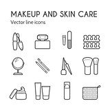 Vector cosmetic icons. Mascara, brush, perfume, cream and other make-up items. Makeup thin linear signs for manicure, pedicure and Visage.