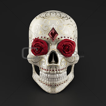 3D render of Sugar Skull decorated with roses, rubies and golden ornaments.