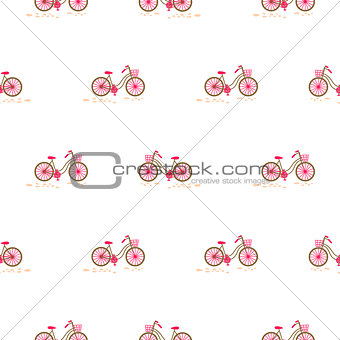 Bicycle with basket on the front wheel white seamless pattern.