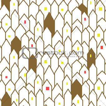 Gold and white abstract houses seamless vector pattern.