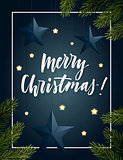Christmas frame with spruce branches, decorative stars, light bulbs and hand-lettering. Vector festive background.