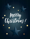 Christmas vector design with lettiering, paper and glowing stars on a dark background.