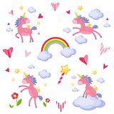 Collection of illustrations with a pink unicorn