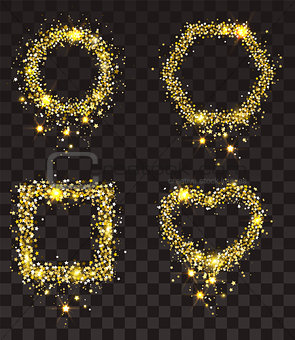 Gold stars on transparent background. Set of frame of gold stars: rectangle, heart shape, circle, hexagon