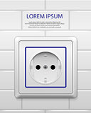 White power socket with shadow isolated. Realistic socket of european standard with blue line on white brick wall. electrical outlet vector illustration