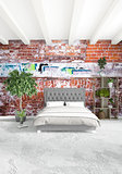 Modern loft interior bedroom or living room with eclectic wall with space. 3D rendering.