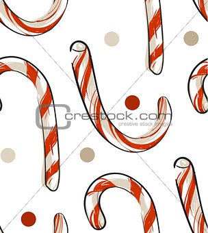 Hand drawn vector abstract Christmas seamless pattern with candy canes isolated on white background.Christmas menu design.Happy New Year and Merry Christmas concept.Wrapping paper.Fabric pattern.