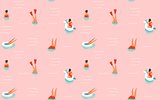 Hand drawn vector abstract cartoon summer time fun illustration seamless pattern with swimming people isolated on pink background