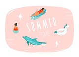 Hand drawn vector abstract summer time fun cartoon illustration with swimming people,surfer on longboard,unicorn float ring,dolphin and modern typography quote Summer time isolated on pink background.