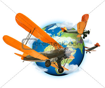 Biplanes flying around the planet Earth