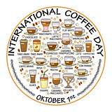 International coffee day card. Set of beverage icons.