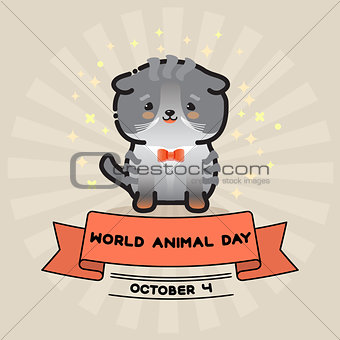 World animal day. Vector card with cute cat and ribbon.