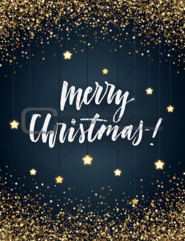 Vector background with a frame of gold glitter, hand lettering and glowing stars. Christmas and New Year vector design.