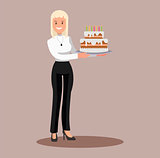 Business woman with a cake at work. Flat design.