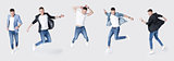 set of handsome man in jeans and jacket jumping