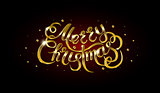 Golden text on black background. Merry Christmas and Happy New Year lettering.