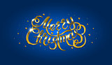 Golden text on blue background. Merry Christmas and Happy New Year lettering.