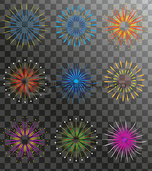 Realistic Fireworks set isolated on a transparent background. Holiday and party firework icons collection. Vector illustration.