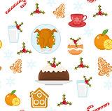 Christmas seamless pattern with holiday food. Xmas repeating texture, endless background. Paper, wallpaper, fabric. Vector illustration.