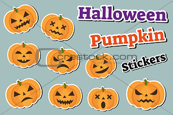 Halloween pumpkin set of stickers emoji, patches badges. Scary emoticons with pumpkins. Vector illustration.