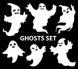 Ghosts scary set, flat style. Isolated on a black background. Halloween concept. Collection of dead spirits. Vector illustration.
