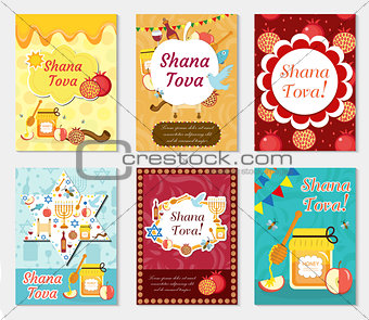 Rosh Hashanah collection poster, flyer, invitation, greeting card. Shana Tova set of templates for your design with pomegranate, honey, apple, menorah. Jewish New Year. Holiday Vector illustration.