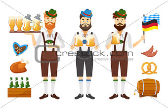Smiling Bavarian man with red beard and moustache, dressed in traditional costume and hat with beer glasses and set of Oktoberfest icons. Traditional symbols of autumn holiday of beer isolated on white background. Cartoon style vector illustration