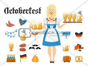 Smiling Bavarian woman blonde dressed in traditional costume and apron with beer glasses and set of Oktoberfest icons. Traditional symbols of autumn holiday of beer isolated on white background. Cartoon style vector illustration