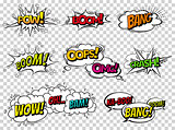 Comic book sound effect speech bubbles, expressions. Collection vector bubble icon speech phrase, cartoon exclusive font label tag expression, sounds illustration background. Comics book balloon
