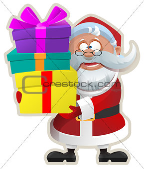 Funny Santa keeps box with gift. Christmas Sticker