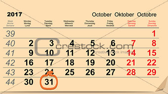 31 October 2017 Halloween. Calendar date reminder form pumpkin lantern