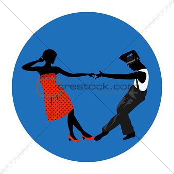 Couple man and woman dancing, vintage dance, black silhouettes and color dress up