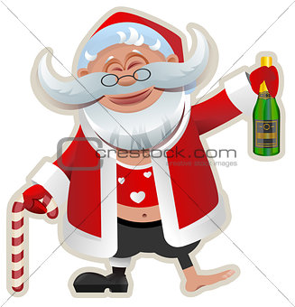 Merry Christmas. Fun Drunk Santa Claus holding bottle of champagne