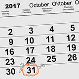31 October 2017 Halloween. Calendar date reminder form pumpkin lantern