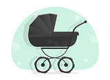 Black baby stroller for boys, Isolated on white background. Cartoon pram illustrated. Trendy style for graphic design, Web site, social media, user interface, mobile app.