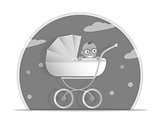 Black and white illustration baby stroller for boys, Isolated on white background. Cartoon pram illustrated. Trendy style for graphic design, Web site, social media, user interface, mobile app.