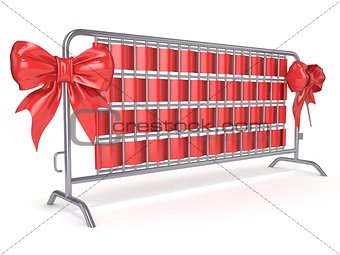 Steel barricades with red ribbon bows. Side view. 3D