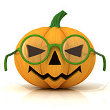 Funny Jack O Lantern. Halloween pumpkin with green glasses