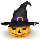 Funny Jack O Lantern. Halloween pumpkin, wearing a witch's hat