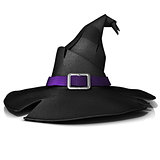 Halloween, witch hat. Black hat with purple belt