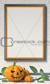 Jack O Lantern pumpkin, green leafs and mock up blank poster on 