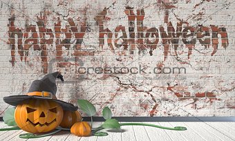 Happy Halloween greeting with Jack O Lantern pumpkin and green l